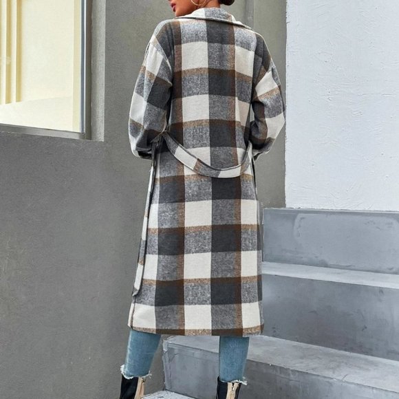 button down belted overcoat jacket fall plaid print - Picture 3 of 6